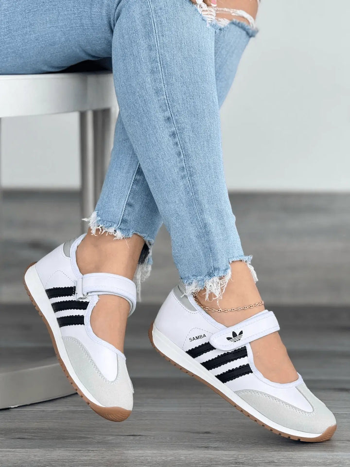 Baletas de lona blanca con cierre de velcro y franjas negras, zapatos planos para mujer con suela de goma antideslizante, plantilla acolchada y diseño ultraligero, perfectas para uso diario y comodidad urbana