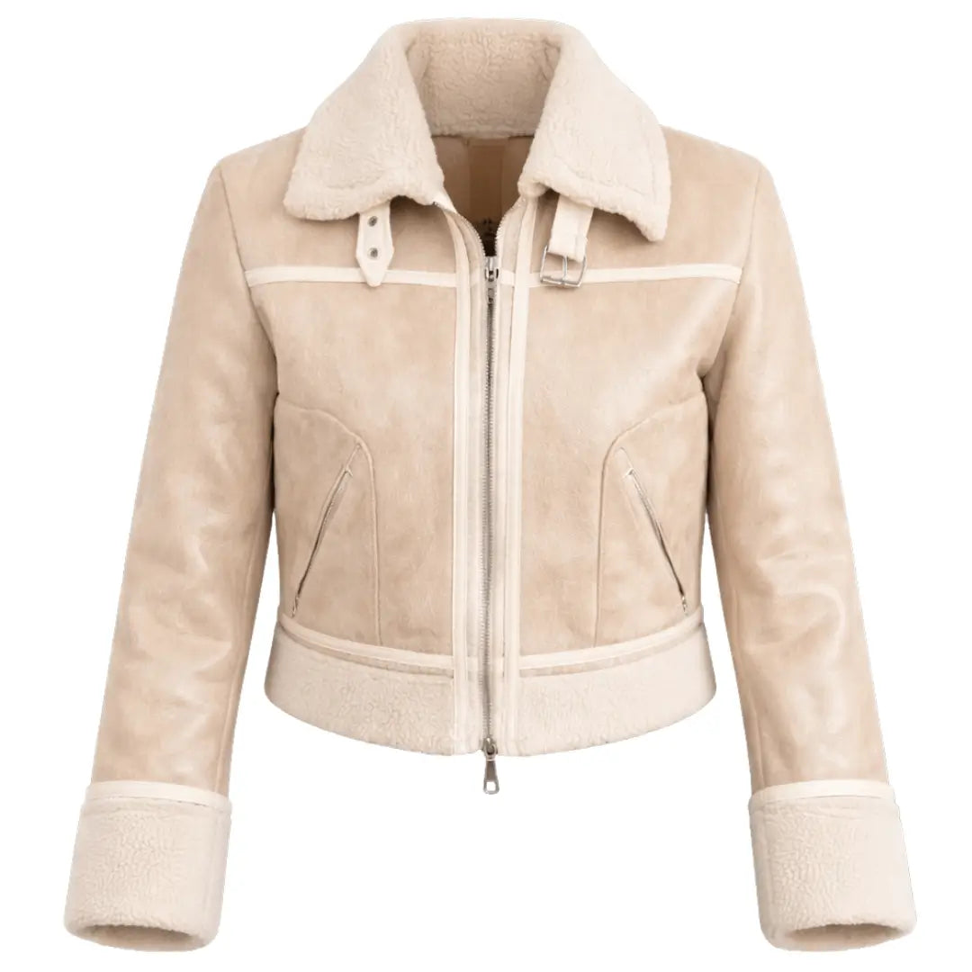Chaqueta piloto ovejera para mujer con forro tipo sherpa cálido, exterior resistente al viento, cierre frontal y bolsillos prácticos; cómoda, fácil de combinar y ideal para el frío urbano.