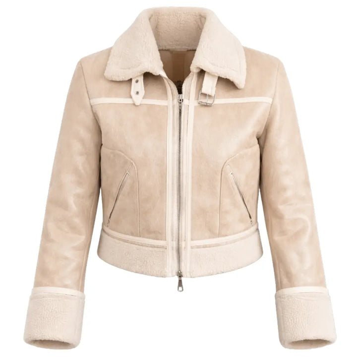 Chaqueta piloto ovejera para mujer con forro tipo sherpa cálido, exterior resistente al viento, cierre frontal y bolsillos prácticos; cómoda, fácil de combinar y ideal para el frío urbano.