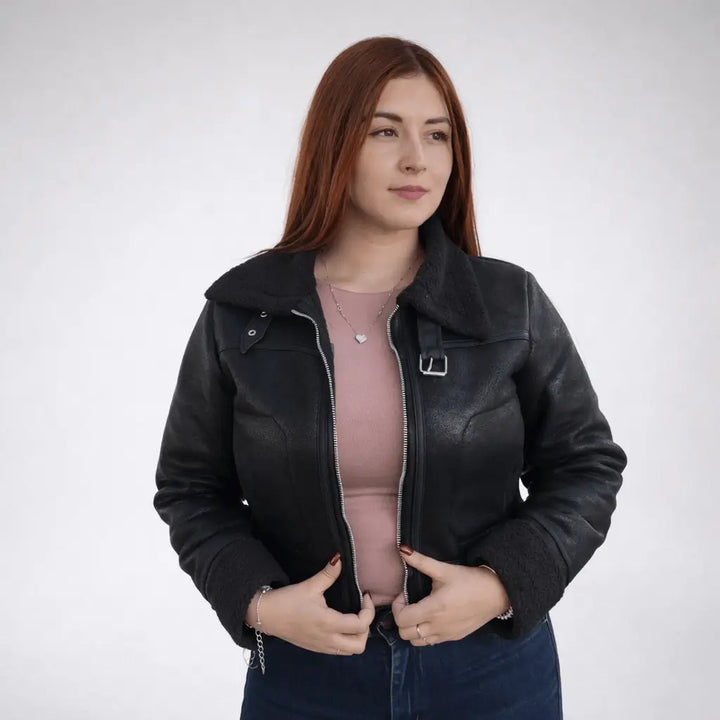Chaqueta piloto ovejera para mujer con forro de borrego sintético, corte clásico, cierre frontal y bolsillos, abrigadora y resistente al viento, ideal para invierno y looks casuales
