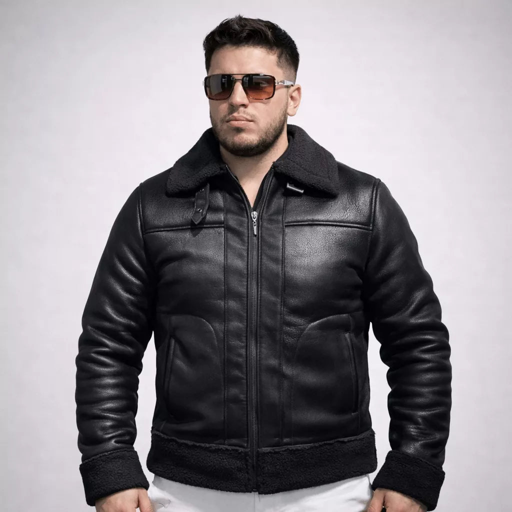 Chaqueta negra para hombre estilo aviador con cuello de ovejo. Luce con estilo y protégete del frío. Compra online con envío en Colombia.