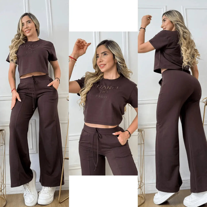 Conjunto bordado Laura color café con top crop de algodón y bordado frontal, pantalón palazzo con cordón en cintura, cómodo, versátil y estilizado para look casual femenino