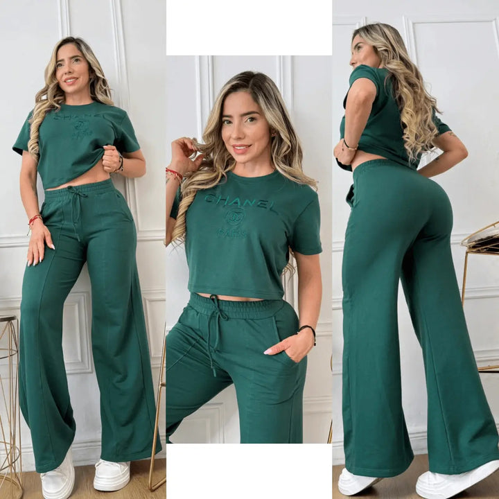 Conjunto bordado Laura mujer con top cropped manga corta y pantalón ancho de cintura alta con bolsillos, tejido suave y ajuste cómodo