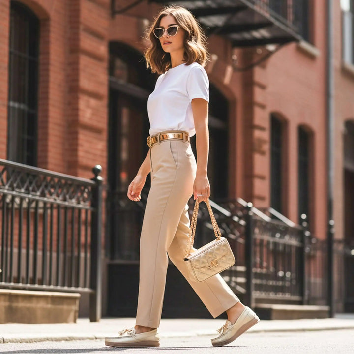 Mujer caminando por la ciudad usando mocasines beige cómodos tipo mocasín con borlas, combinados con pantalones claros y camiseta blanca, calzado versátil y elegante ideal para uso diario que ofrece confort y estilo moderno.