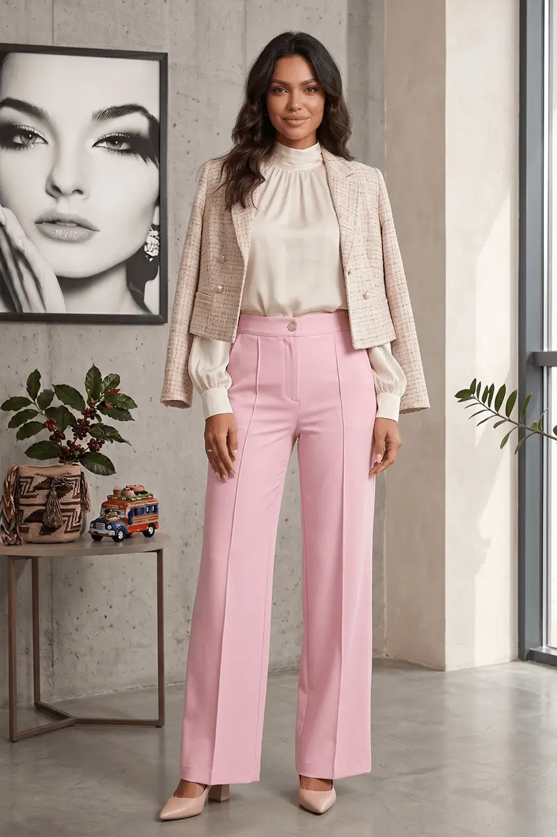Pantalón Viena rosa pastel tiro alto y pierna ancha para mujer, confección en tejido suave y stretch, elegante y cómodo, ideal para oficina y eventos formales