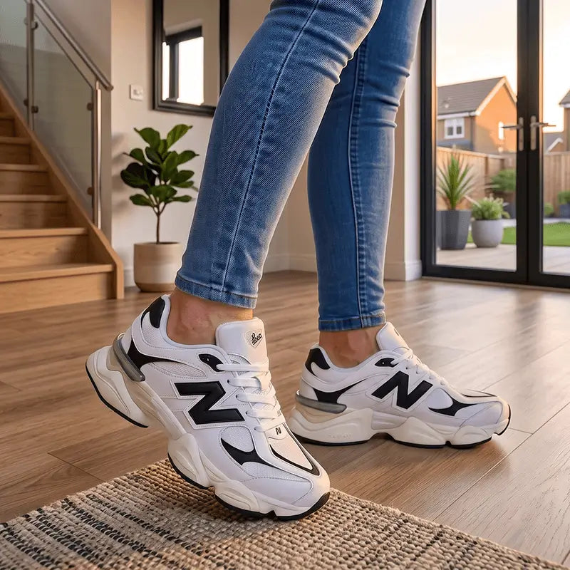 Zapatillas deportivas estilo chunky en blanco y negro con suela antideslizante, amortiguación extra y plantilla ergonómica, tejidos transpirables y diseño urbano para confort diario