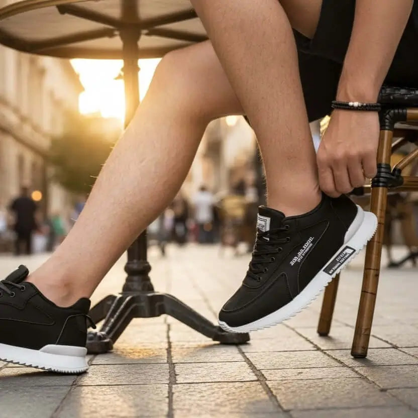Zapatillas para hombre negras con suela blanca antideslizante, diseño moderno y cómodo, ideales para uso diario y actividades urbanas, fabricadas con materiales transpirables y duraderos que ofrecen soporte y amortiguación para mayor confort durante todo el día.