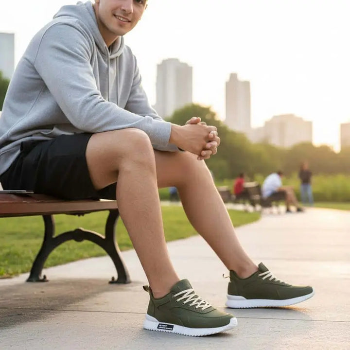 Zapatillas deportivas verdes para hombre con suela blanca, diseño moderno y cómodo ideal para caminar y actividades diarias, perfectas para estilo casual y urbano en exteriores.