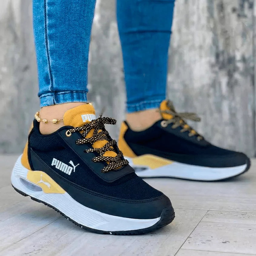 Tenis deportivos para hombre y mujer color negro y mostaza con suela de alto impacto y gran confort